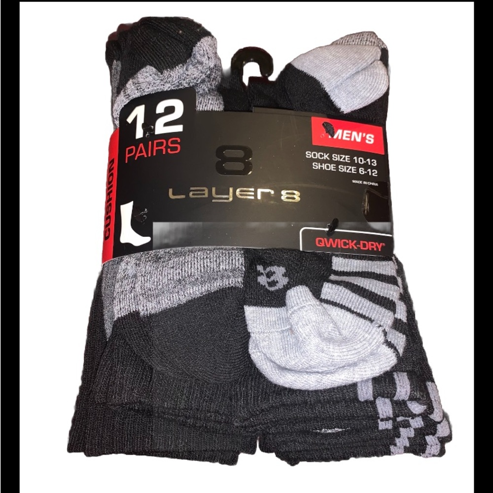 NWT Layer 8 Quick Dry Crew Socks 12Pack Men’s Size 6-12